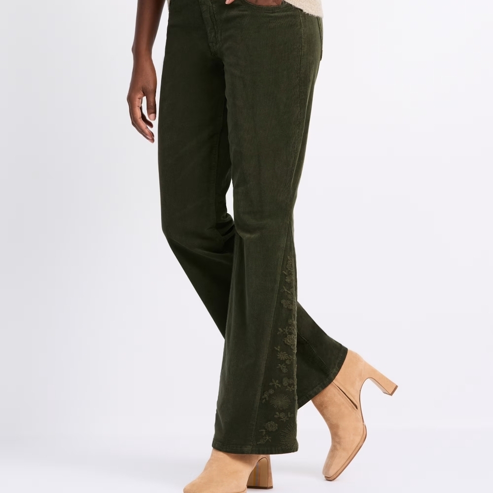 Prosperity Green Corduroy Bootcut Pants with Embroidered Floral.